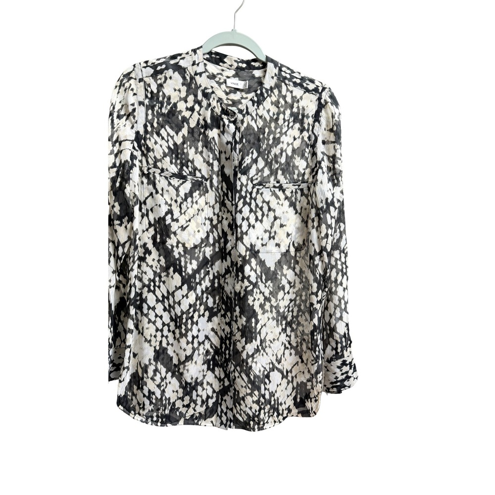 Vince Silk Blouse Abstract Print Band Collar Button Front Black White 10 Grunge